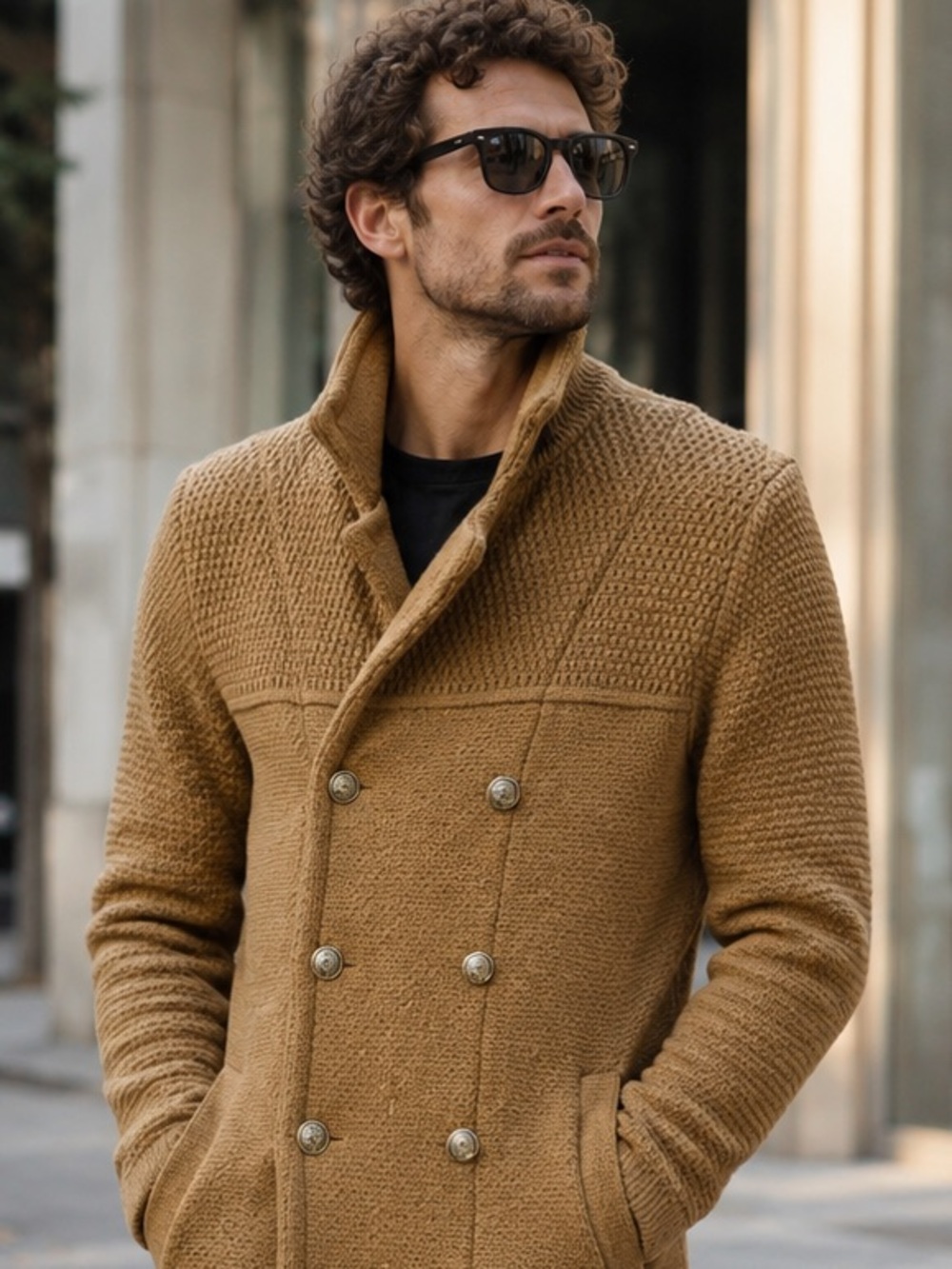 Double-Breasted 
Notch Lapel Cardigan Sweater in Camel Brown